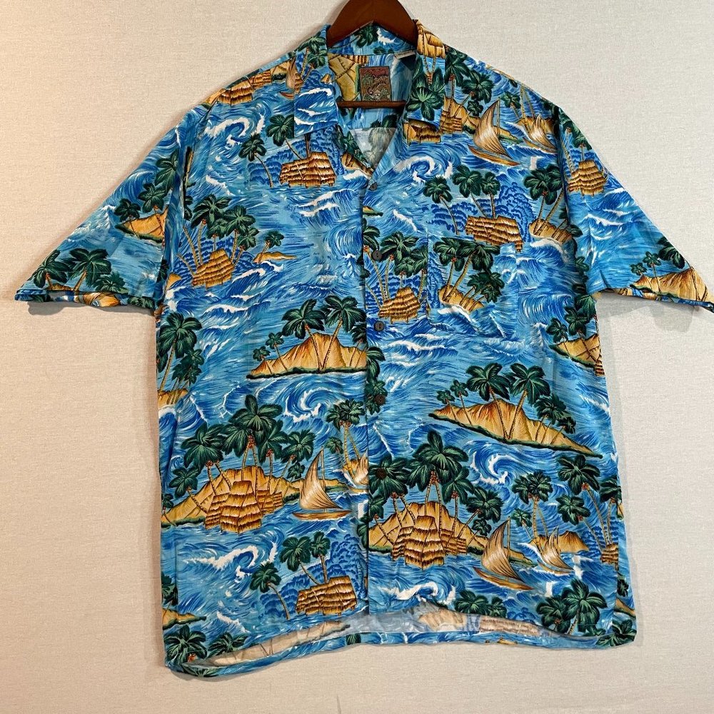 Pineapple Connection Palms Hawaiian Shirt 100% Rayon Size L